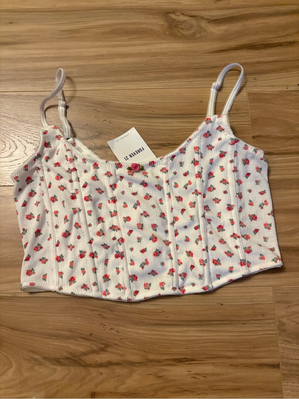 Forever 21 White Floral Ribbed Corset-Style Crop Camisole